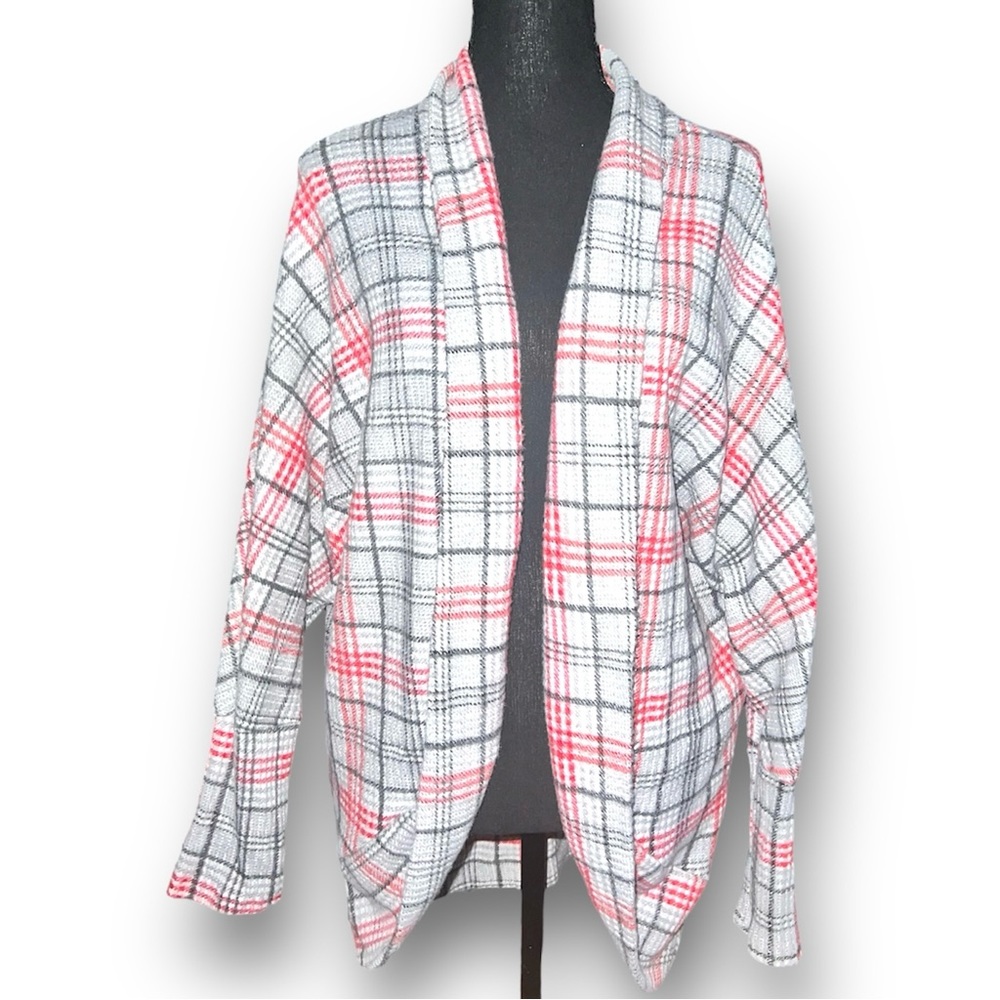 New Watermelon Waffle Knit Soft Oversized Cardigan Red Gray White Plaid Sm NWOT